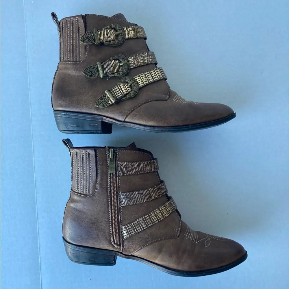 Corkys Bombshell Triple Buckle‎ Ankle Boots Brown Gold Metallic Snakeskin 7